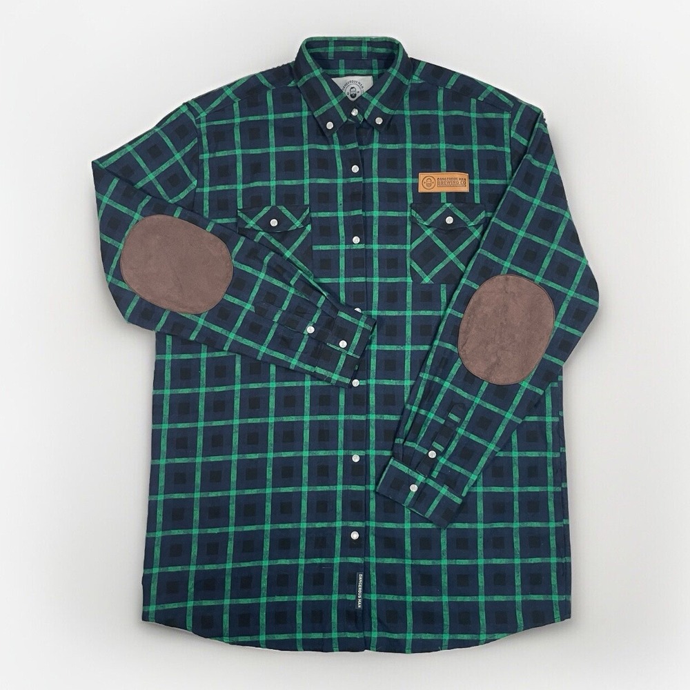 Dangerous Man Brewing Co Flannel Shirt Long Sleeve Elbow Patch Pearl Button XXL*